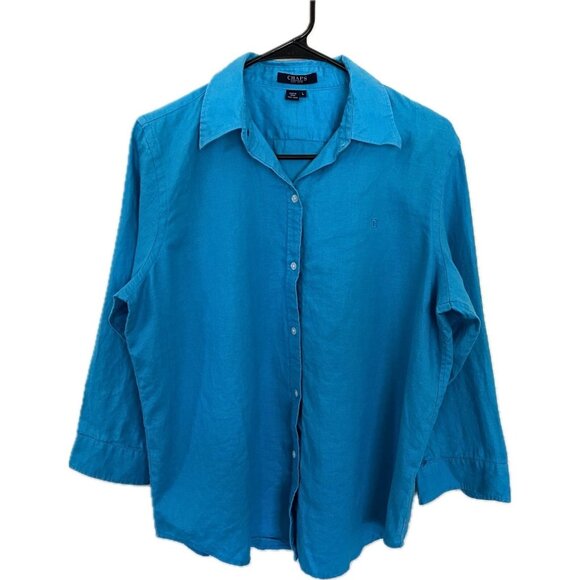 Chaps Women’s 100% Linen Teal Button-Front Shirt – Size L - Picture 1 of 3